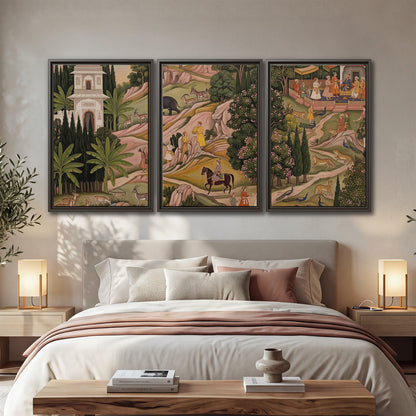 Decorative palace gardens with riders, trees and pavilions 3 piece framed canvas wall art displayed in a bedroom