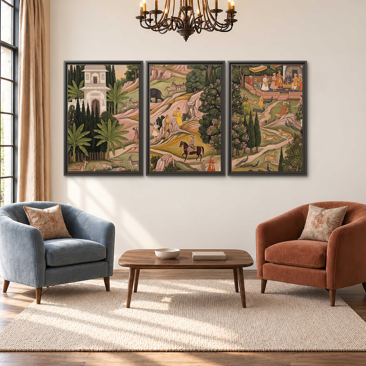Decorative palace gardens with riders, trees and pavilions 3 piece framed canvas wall art styled in an interior