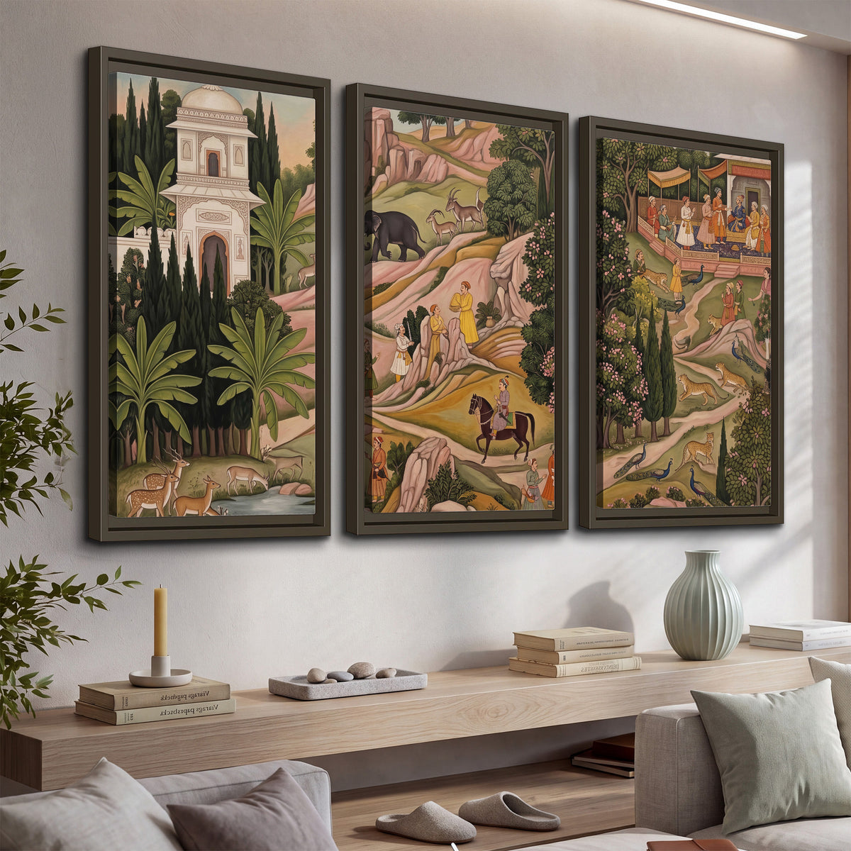 Decorative palace gardens with riders, trees and pavilions 3 piece framed canvas wall art displayed in a console