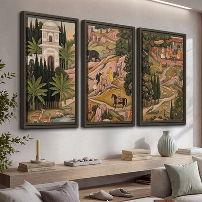 Decorative palace gardens with riders, trees and pavilions 3 piece framed canvas wall art displayed in a console