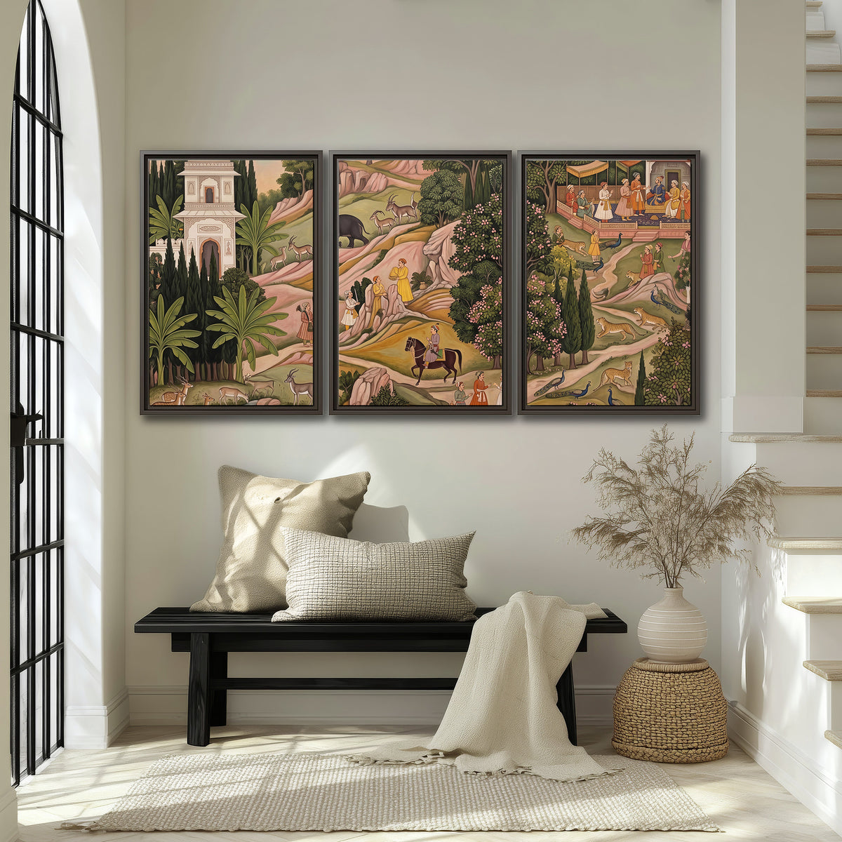 Decorative palace gardens with riders, trees and pavilions 3 piece framed canvas wall art displayed in a entryway