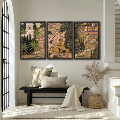 Decorative palace gardens with riders, trees and pavilions 3 piece framed canvas wall art displayed in a entryway