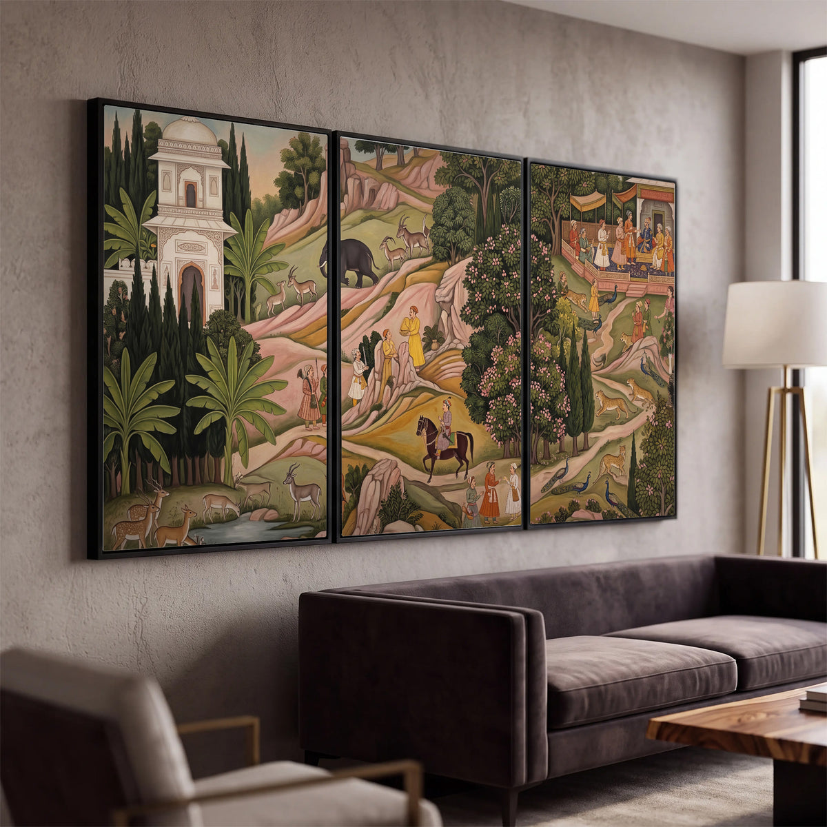 Decorative palace gardens with riders, trees and pavilions 3 piece framed canvas wall art displayed in a modern living room