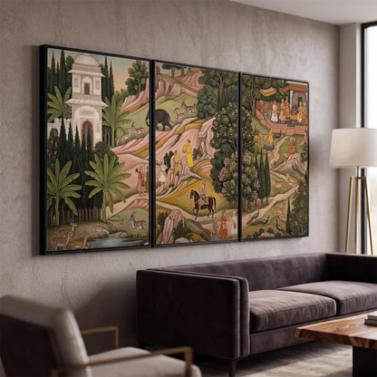 Decorative palace gardens with riders, trees and pavilions 3 piece framed canvas wall art displayed in a modern living room
