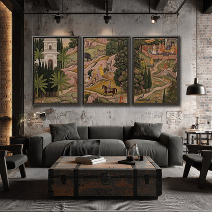 Decorative palace gardens with riders, trees and pavilions 3 piece framed canvas wall art displayed in a industrial room