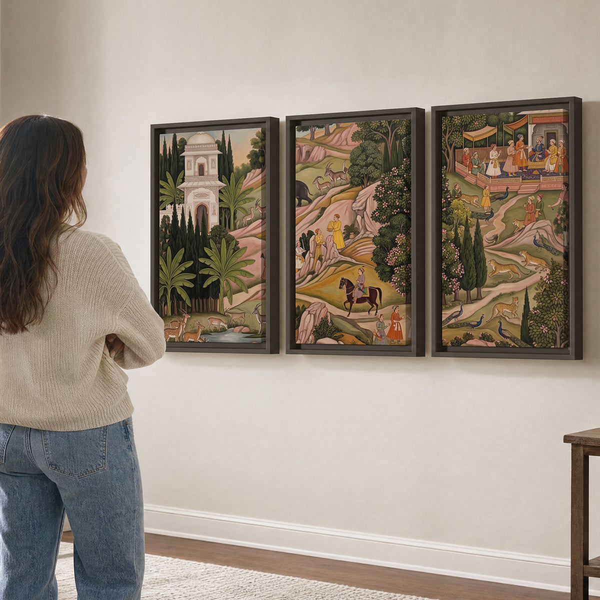 Decorative palace gardens with riders, trees and pavilions 3 piece framed canvas wall art three panel arrangement on a wall