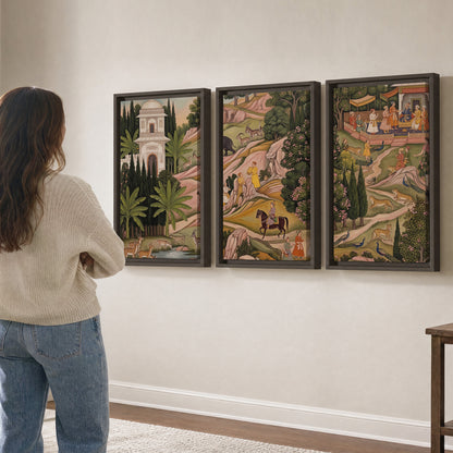 Decorative palace gardens with riders, trees and pavilions 3 piece framed canvas wall art three panel arrangement on a wall