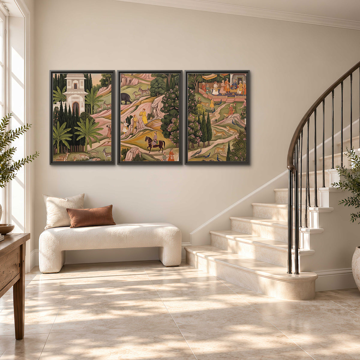 Decorative palace gardens with riders, trees and pavilions 3 piece framed canvas wall art styled in an interior