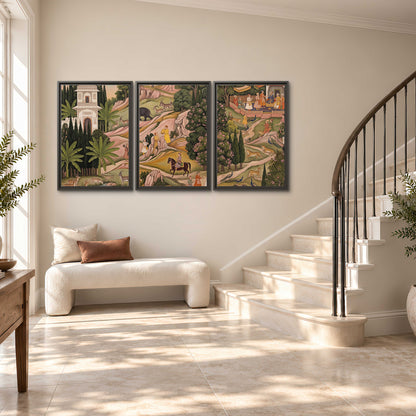 Decorative palace gardens with riders, trees and pavilions 3 piece framed canvas wall art styled in an interior