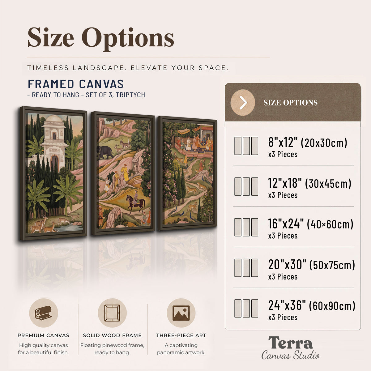 Decorative palace gardens with riders, trees and pavilions 3 piece framed canvas wall art available dimensions; triptych dimensions are per panel