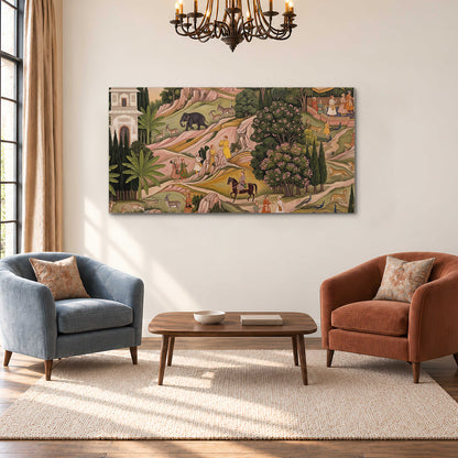 Decorative palace gardens with riders, trees and pavilions single canvas wall art styled in an interior