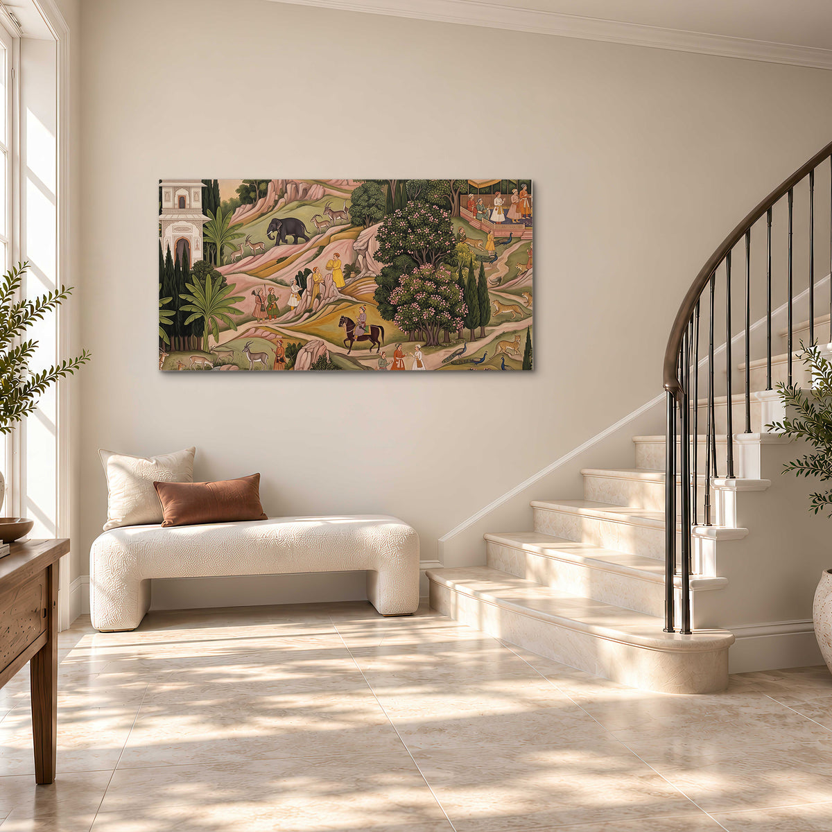 Decorative palace gardens with riders, trees and pavilions single canvas wall art styled in an interior