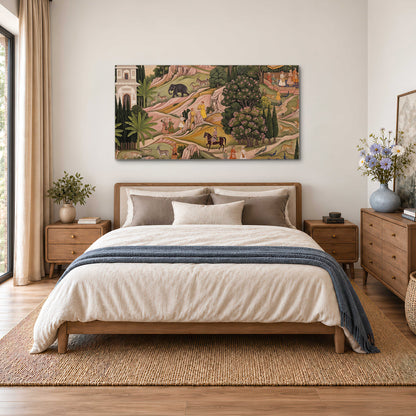 Decorative palace gardens with riders, trees and pavilions single canvas wall art styled in an interior