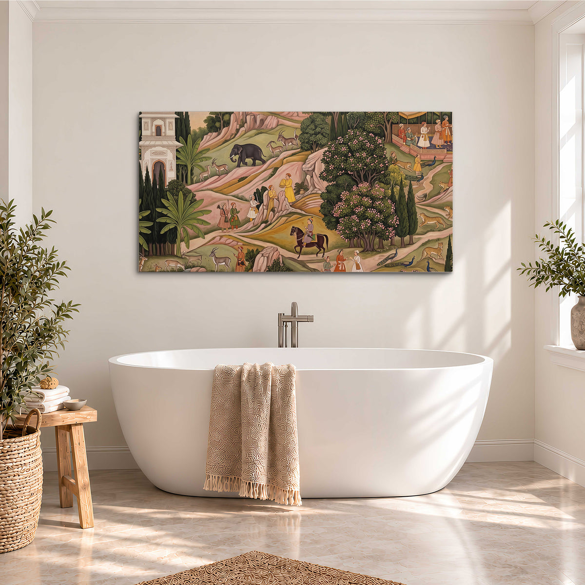 Decorative palace gardens with riders, trees and pavilions single canvas wall art styled in an interior