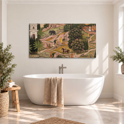 Decorative palace gardens with riders, trees and pavilions single canvas wall art styled in an interior
