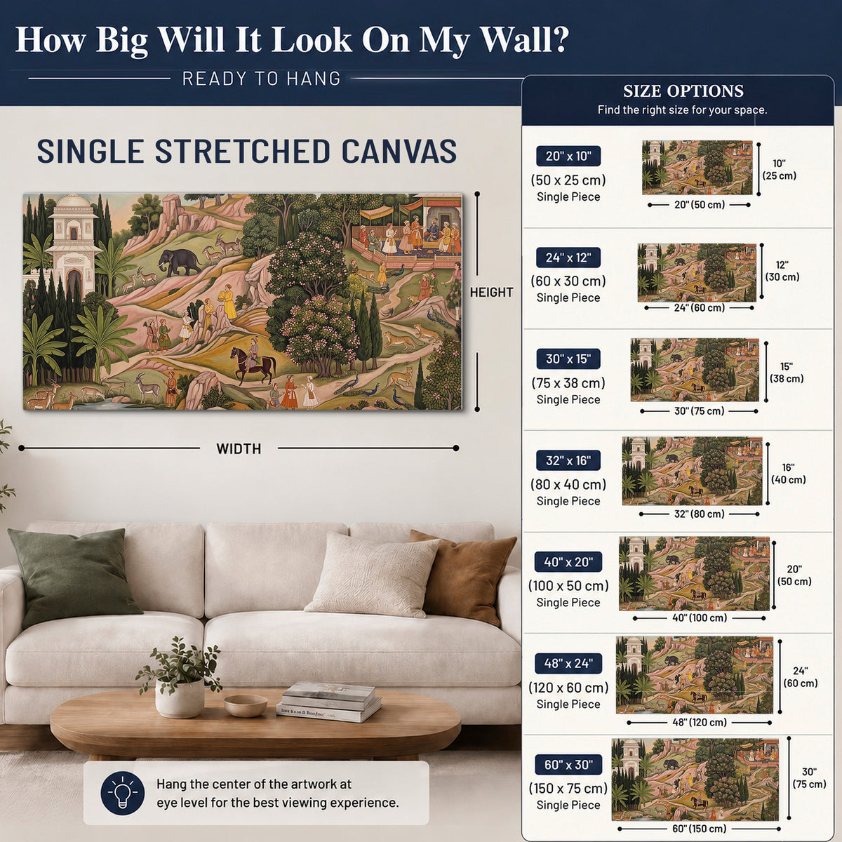 Decorative palace gardens with riders, trees and pavilions single canvas wall art size guide above a sofa; room view is illustrative