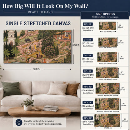 Decorative palace gardens with riders, trees and pavilions single canvas wall art size guide above a sofa; room view is illustrative