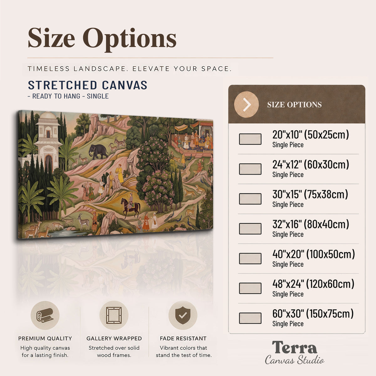 Decorative palace gardens with riders, trees and pavilions single canvas wall art available dimensions