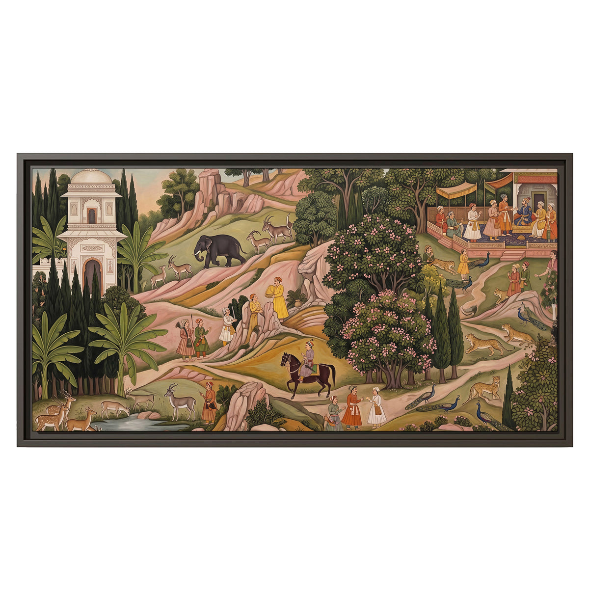 Decorative palace gardens with riders, trees and pavilions single framed canvas wall art viewed straight on