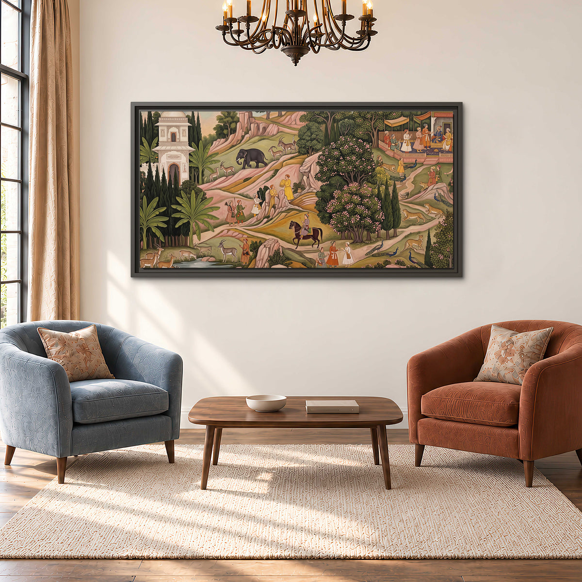 Decorative palace gardens with riders, trees and pavilions single framed canvas wall art styled in an interior