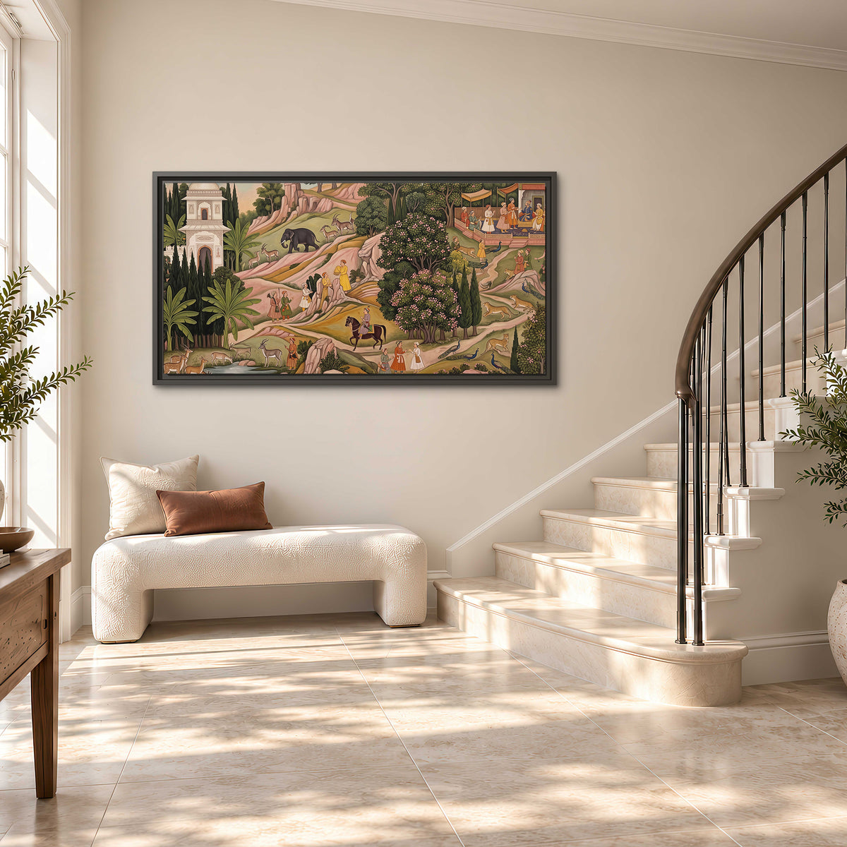 Decorative palace gardens with riders, trees and pavilions single framed canvas wall art styled in an interior