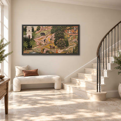 Decorative palace gardens with riders, trees and pavilions single framed canvas wall art styled in an interior