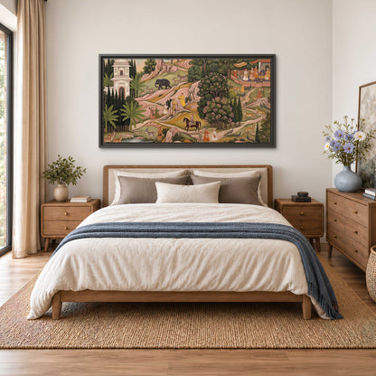 Decorative palace gardens with riders, trees and pavilions single framed canvas wall art styled in an interior