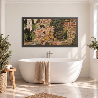 Decorative palace gardens with riders, trees and pavilions single framed canvas wall art styled in an interior