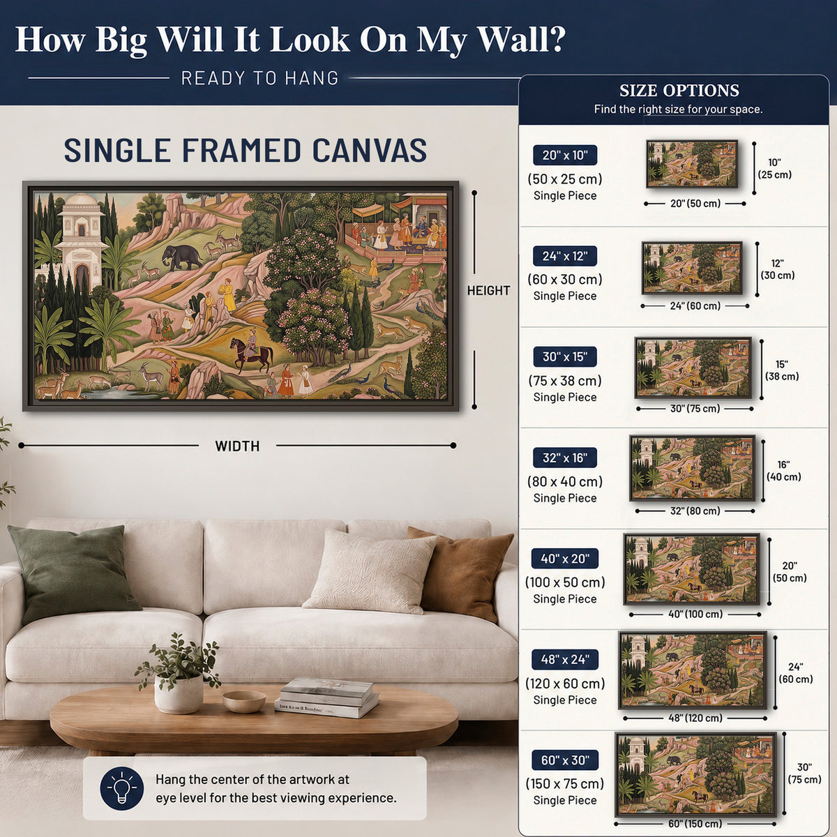 Decorative palace gardens with riders, trees and pavilions single framed canvas wall art size guide above a sofa; room view is illustrative
