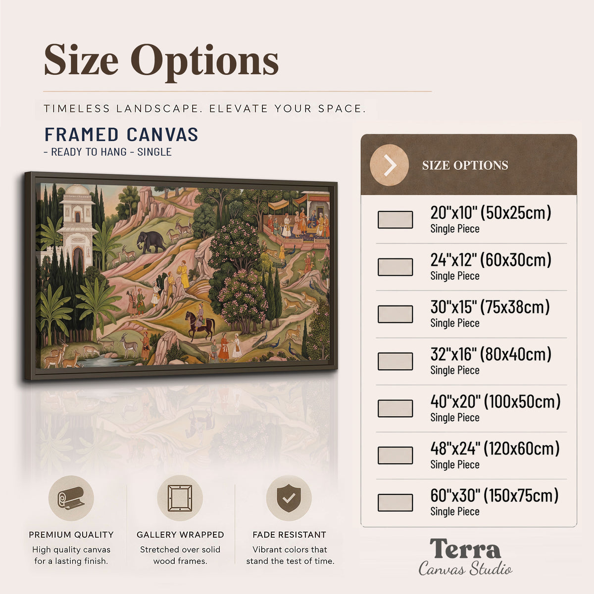 Decorative palace gardens with riders, trees and pavilions single framed canvas wall art available dimensions