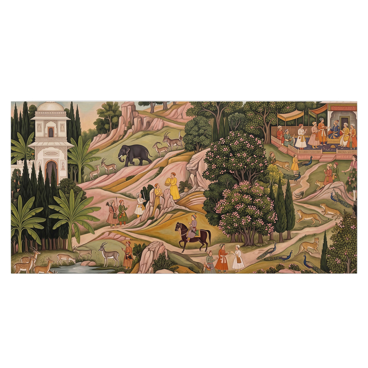 Decorative palace gardens with riders, trees and pavilions single poster print viewed straight on