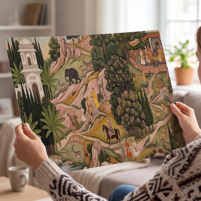 Decorative palace gardens with riders, trees and pavilions single poster print held in hands
