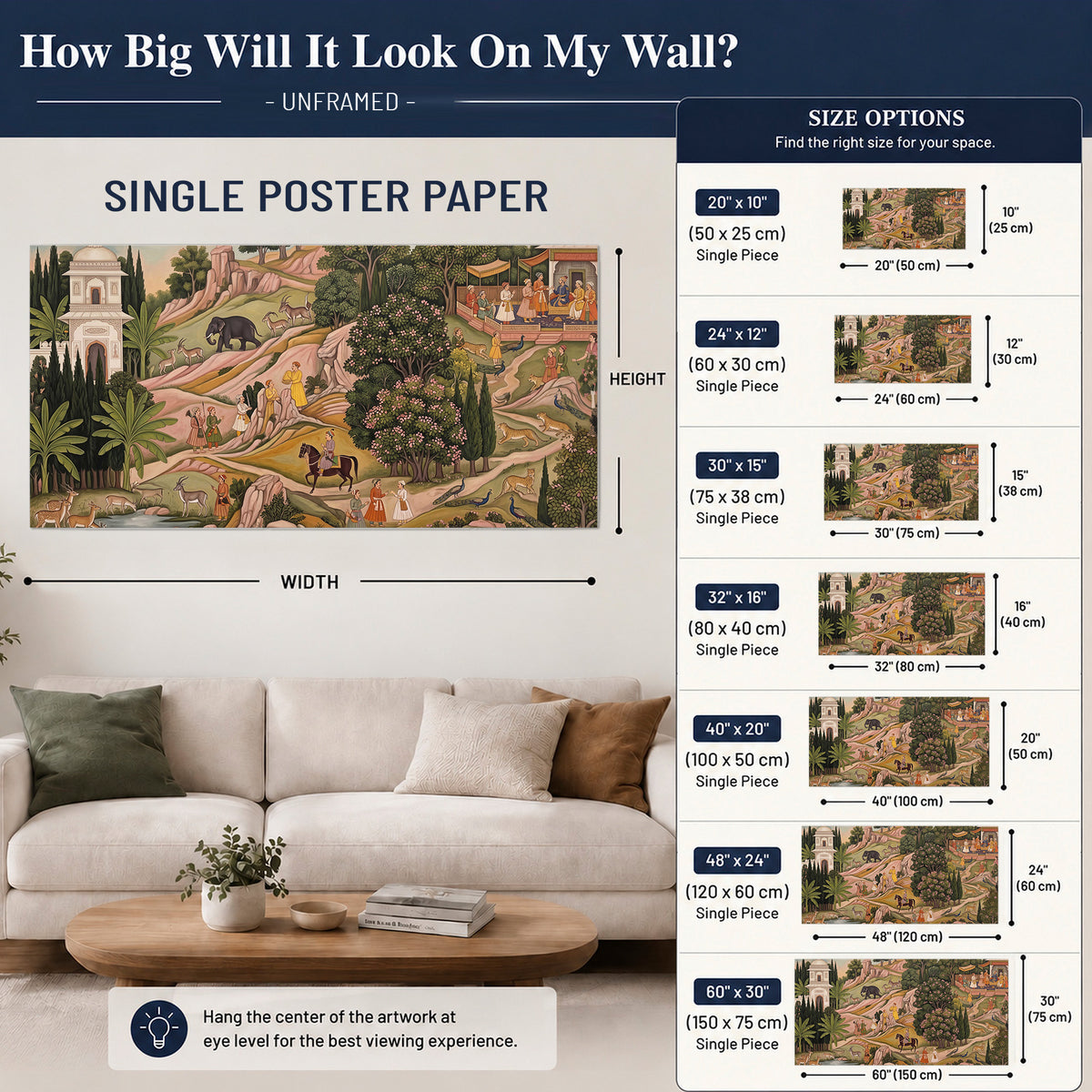 Decorative palace gardens with riders, trees and pavilions single poster print size guide above a sofa; room view is illustrative
