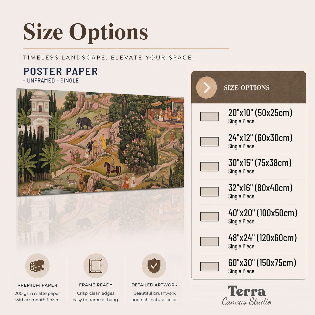 Decorative palace gardens with riders, trees and pavilions single poster print available dimensions