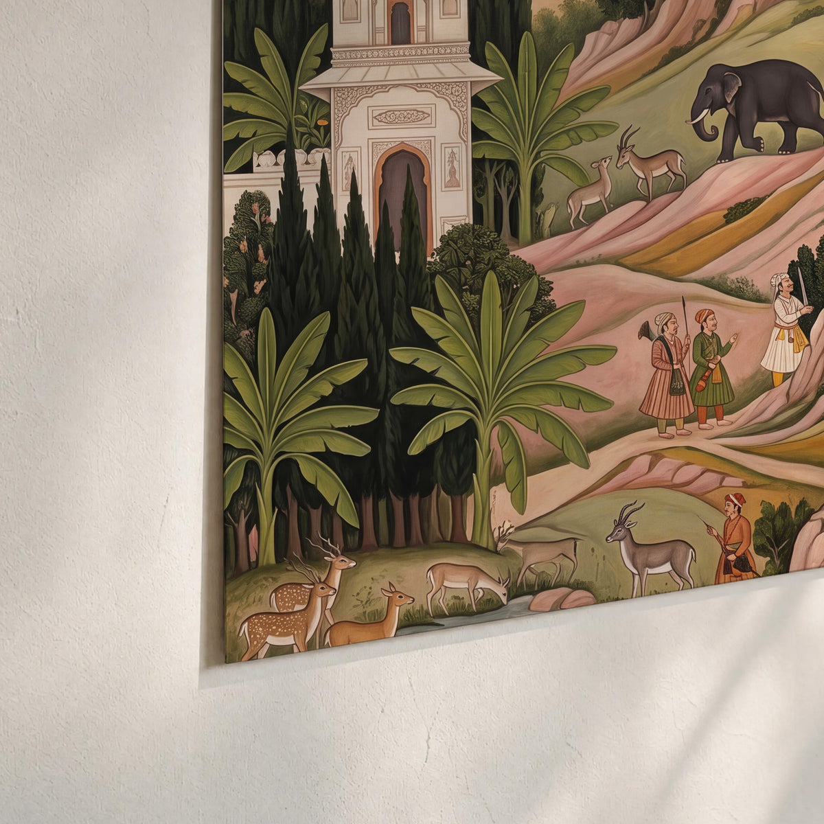 Decorative palace gardens with riders, trees and pavilions set of 3 poster prints material and edge close up