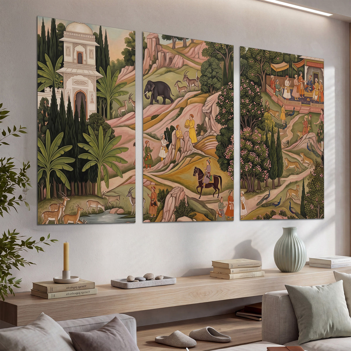 Decorative palace gardens with riders, trees and pavilions set of 3 poster prints displayed in a console