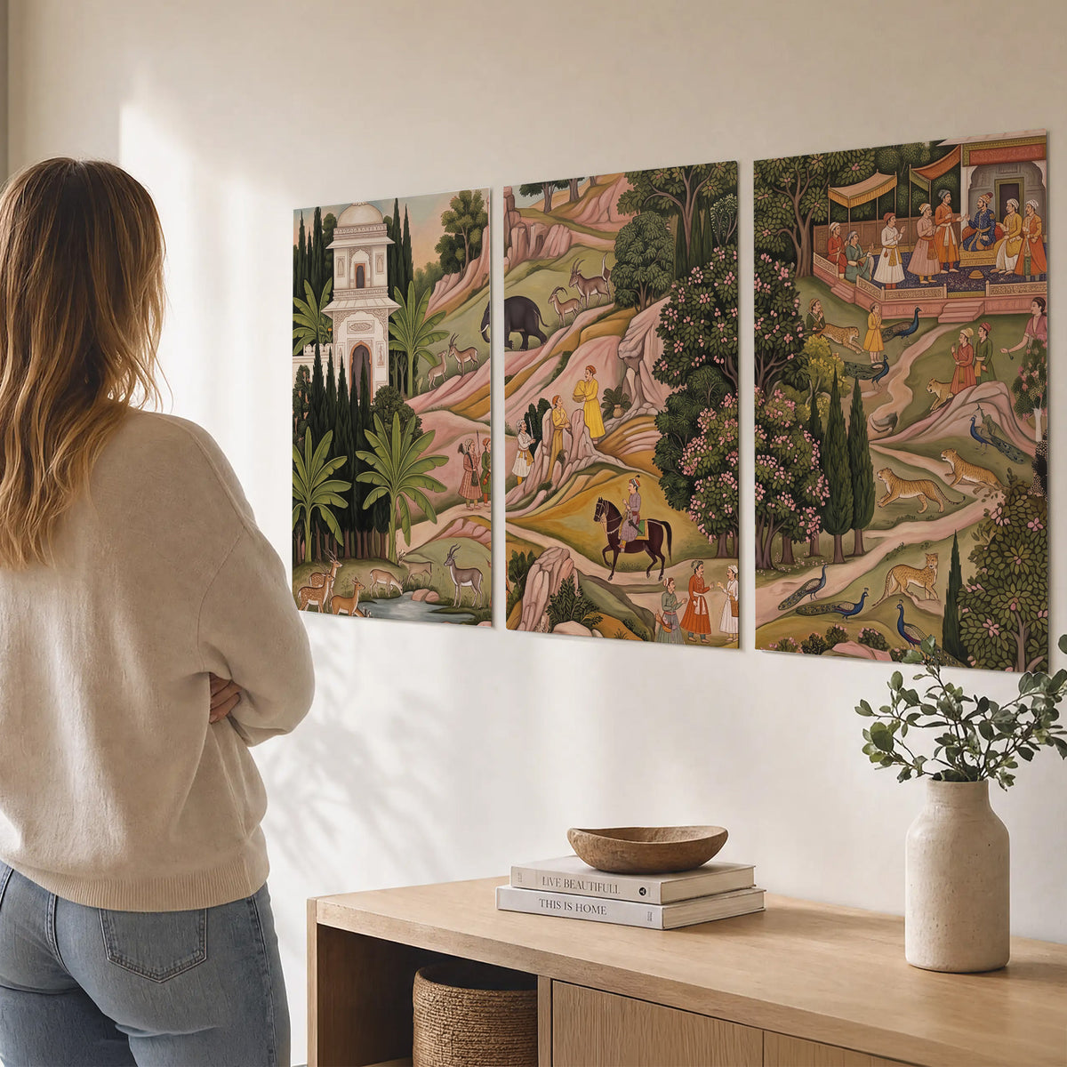 Decorative palace gardens with riders, trees and pavilions set of 3 poster prints three panel arrangement on a wall