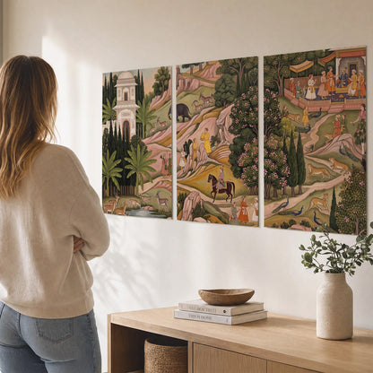 Decorative palace gardens with riders, trees and pavilions set of 3 poster prints three panel arrangement on a wall