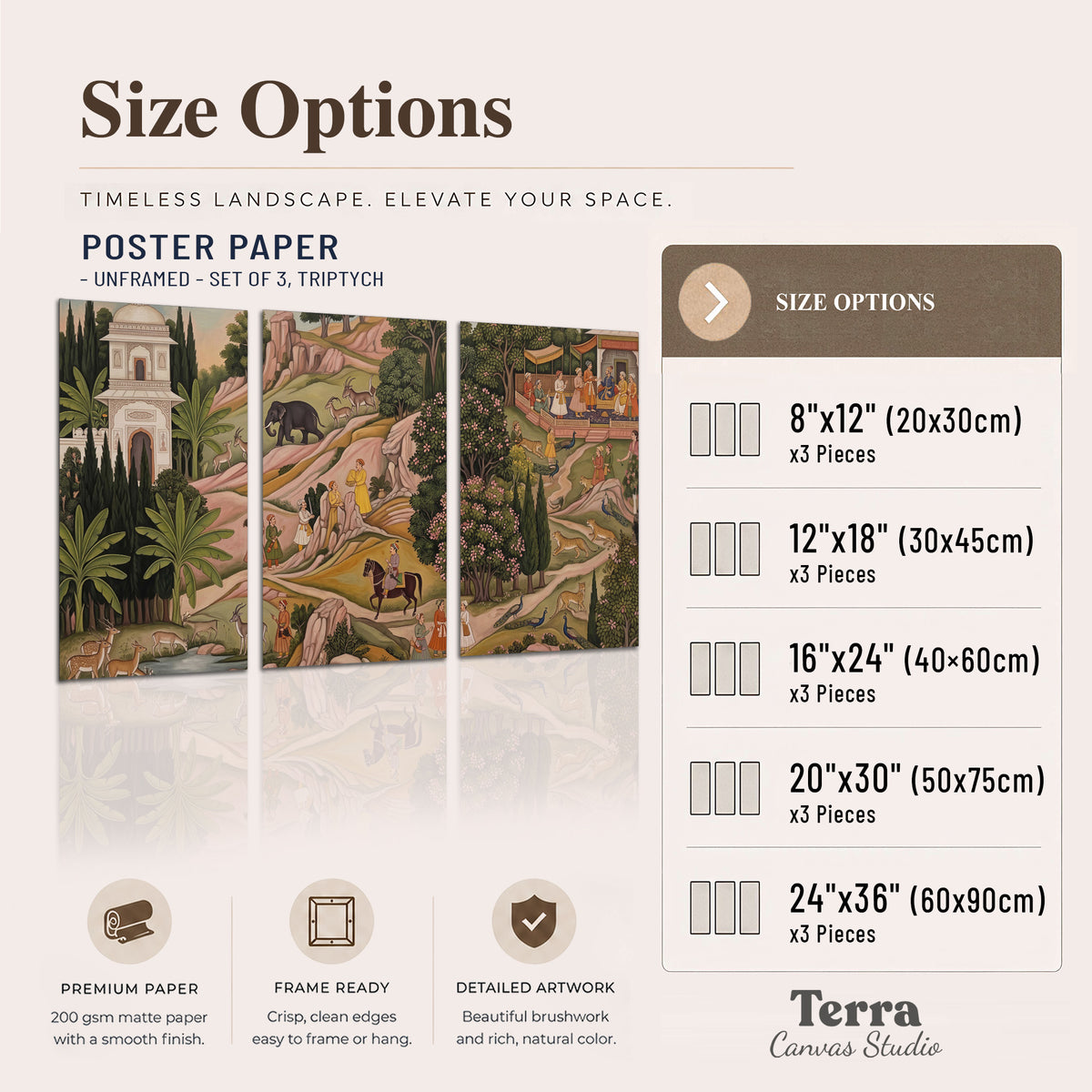 Decorative palace gardens with riders, trees and pavilions set of 3 poster prints available dimensions; triptych dimensions are per panel