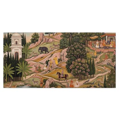 Decorative palace gardens with riders, trees and pavilions single canvas wall art viewed straight on