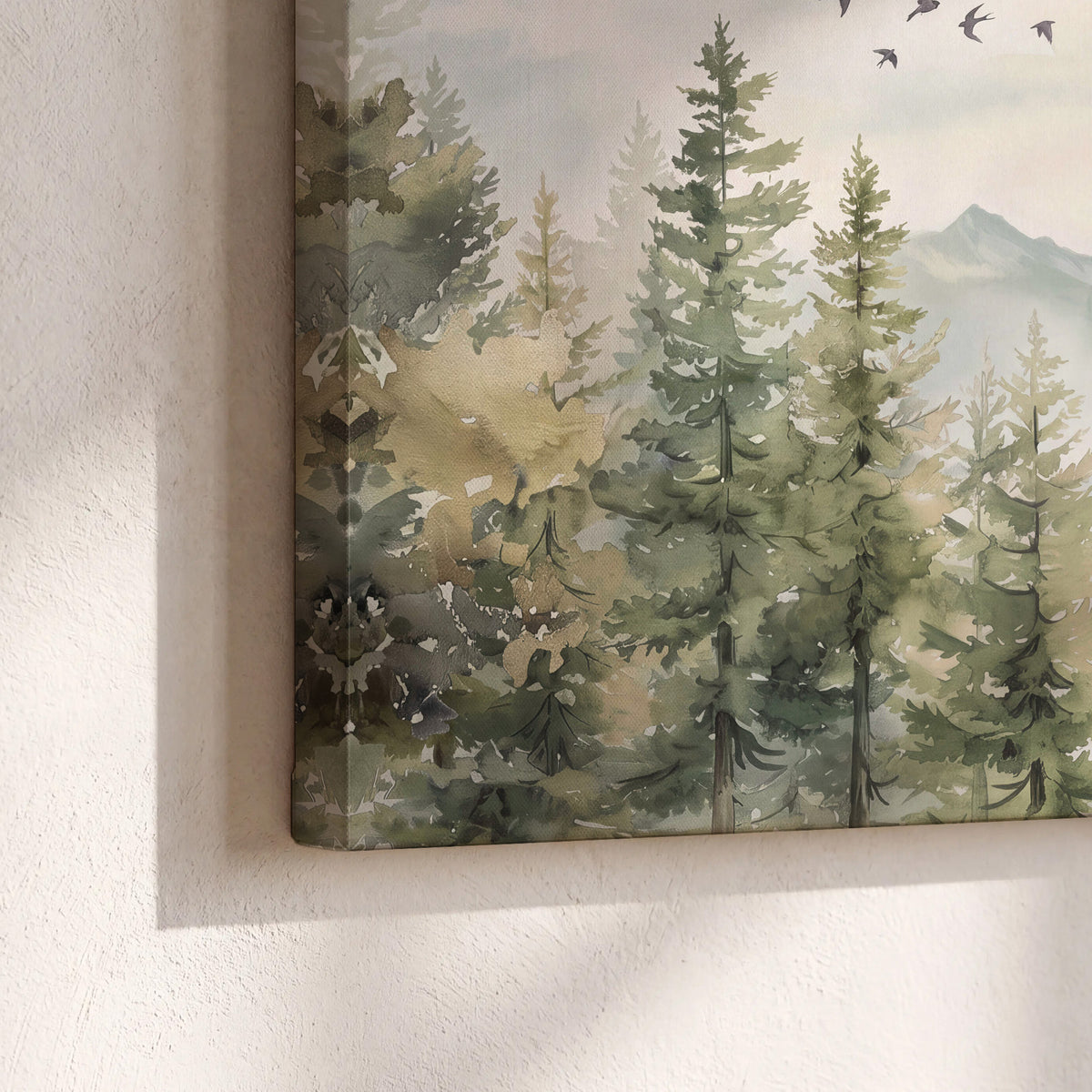 Soft green mountain peaks and evergreen trees beneath birds 3 piece canvas wall art material and edge close up