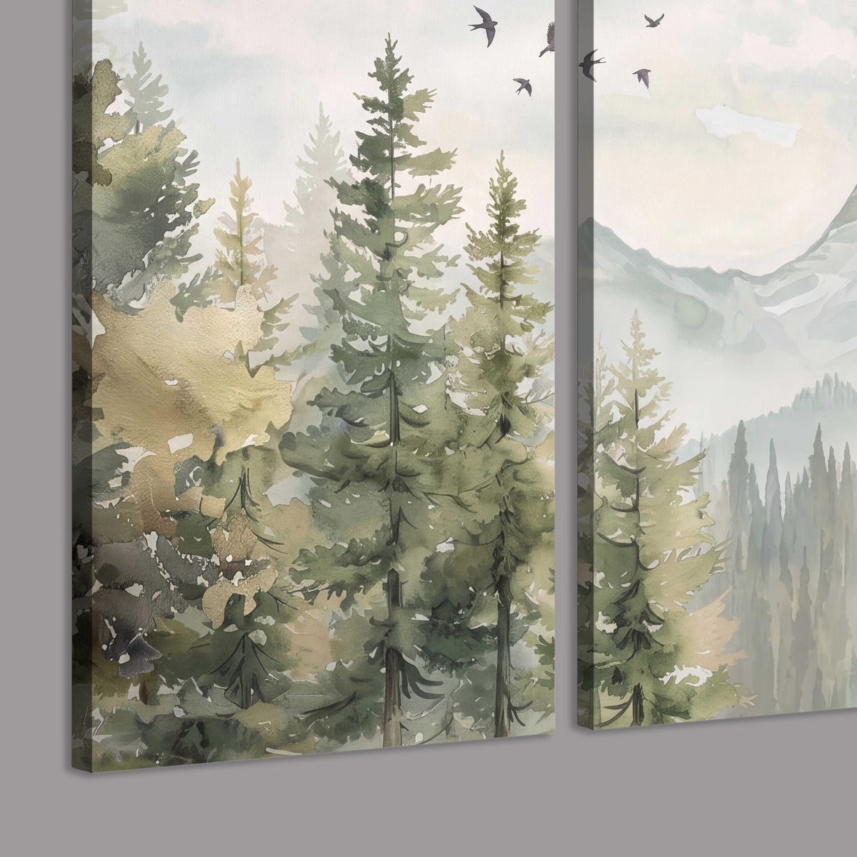 Soft green mountain peaks and evergreen trees beneath birds 3 piece canvas wall art room and product view