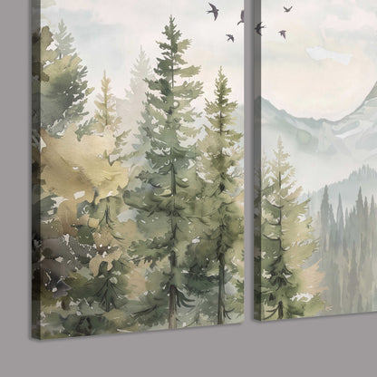 Soft green mountain peaks and evergreen trees beneath birds 3 piece canvas wall art room and product view