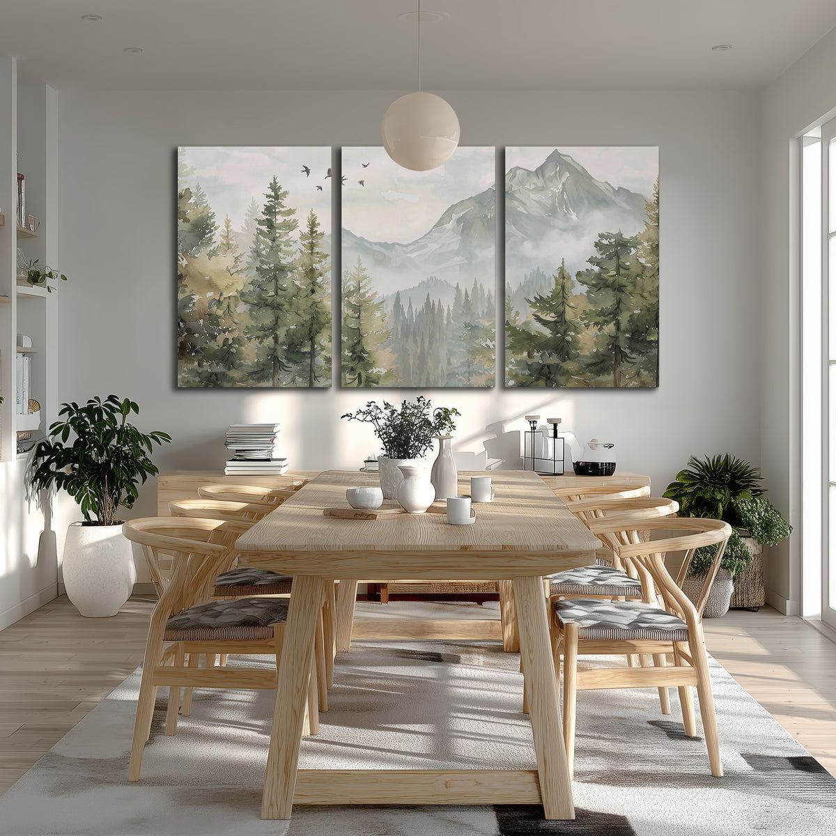 Soft green mountain peaks and evergreen trees beneath birds 3 piece canvas wall art room and product view