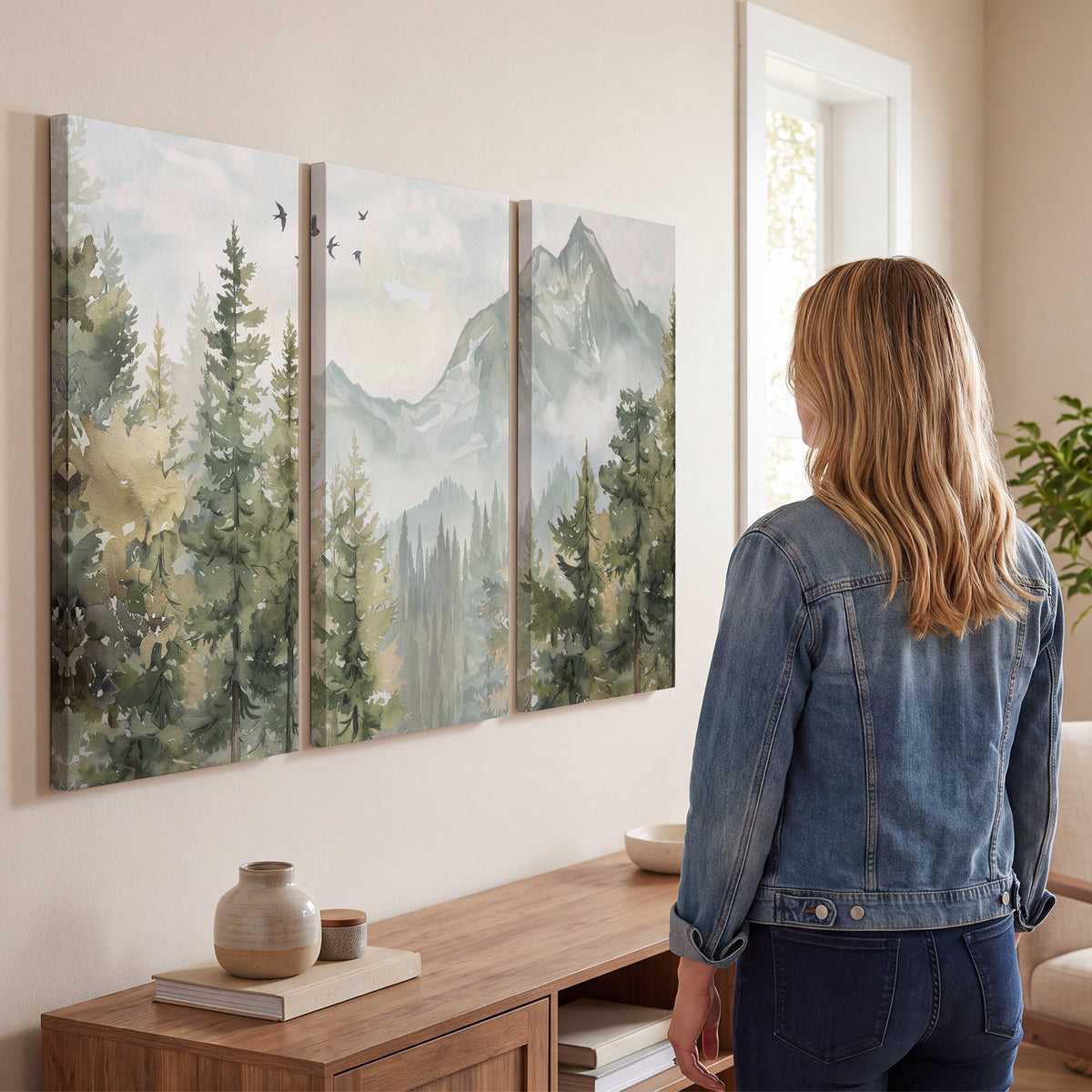 Soft green mountain peaks and evergreen trees beneath birds 3 piece canvas wall art three panel arrangement on a wall