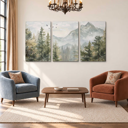 Soft green mountain peaks and evergreen trees beneath birds 3 piece canvas wall art styled in an interior