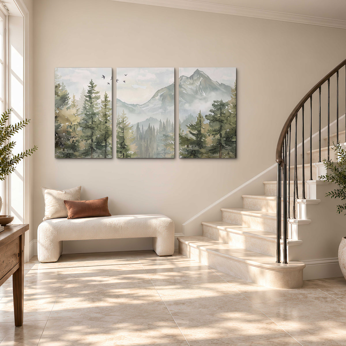 Soft green mountain peaks and evergreen trees beneath birds 3 piece canvas wall art styled in an interior