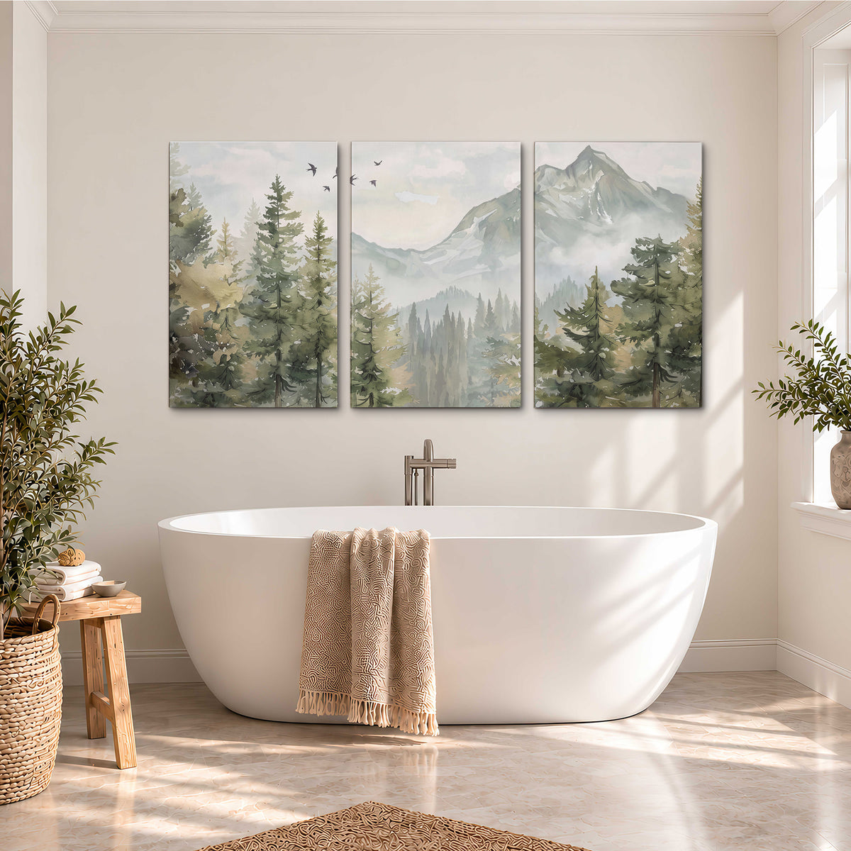 Soft green mountain peaks and evergreen trees beneath birds 3 piece canvas wall art styled in an interior