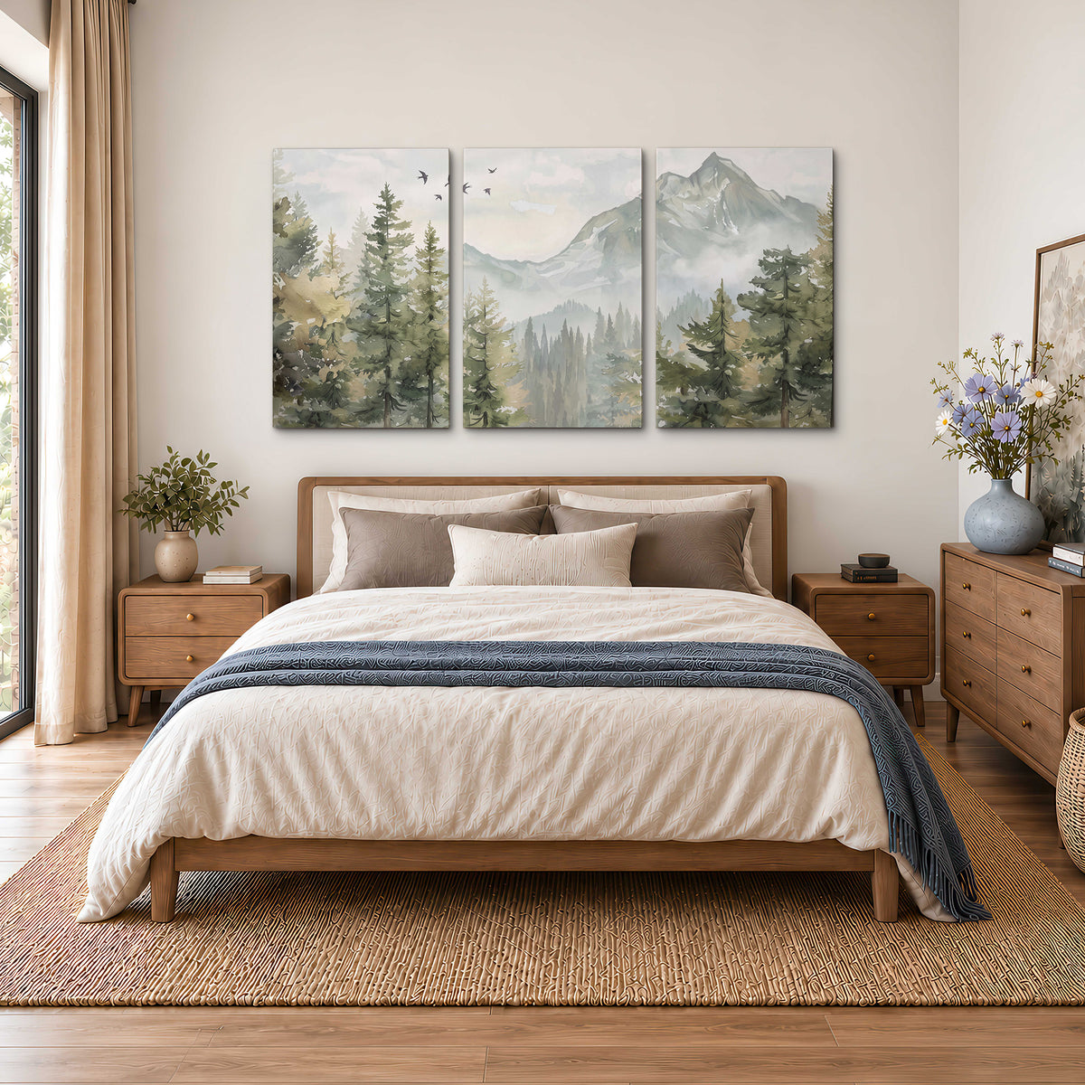Soft green mountain peaks and evergreen trees beneath birds 3 piece canvas wall art styled in an interior