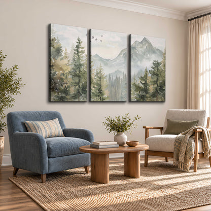 Soft green mountain peaks and evergreen trees beneath birds 3 piece canvas wall art styled in an interior